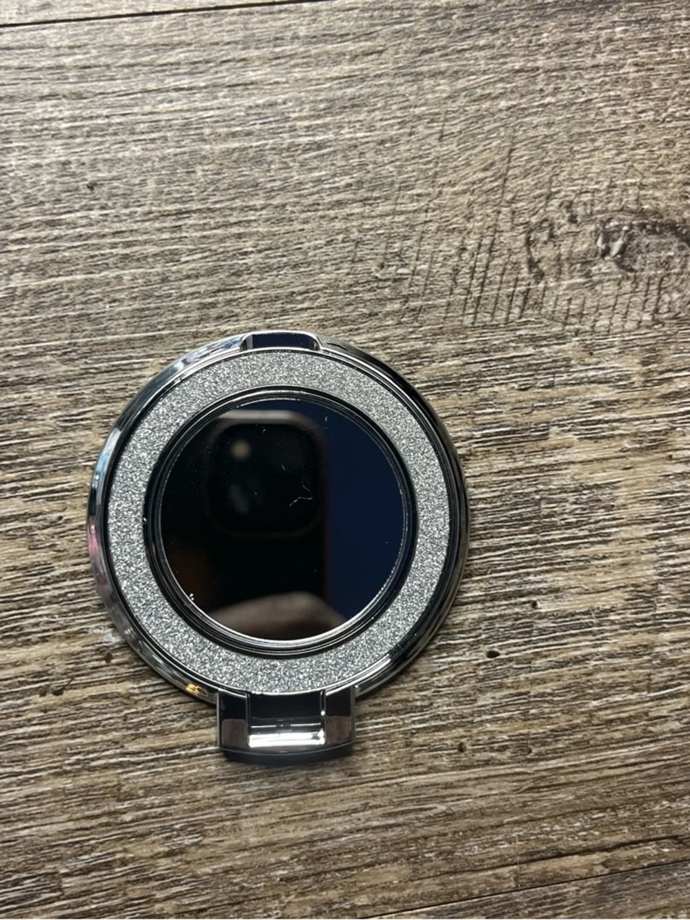 Glitter Silver Phone Ring Clip with Compact Mirror - Stylish Accessory